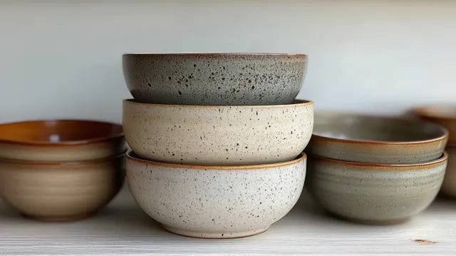 Six speckled ceramic bowls stacked on a light wooden table against a plain background.