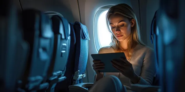 Young woman sits by airplane window, reading on a tablet during a quiet flight