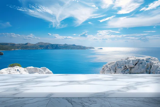 Marble white tabletop with sea horizon view, Greece island sunlight and waves behind