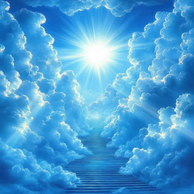 A glowing sun shines above a blue sky with fluffy clouds forming a stairway of light leading upward.