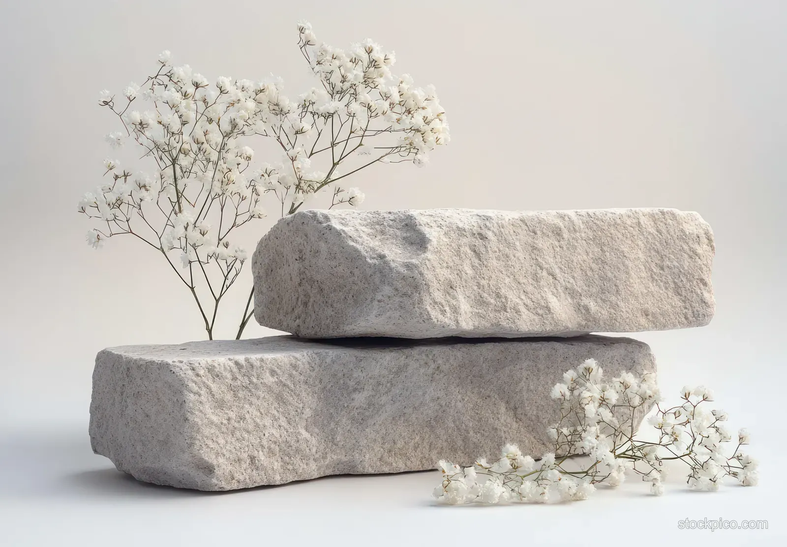 Two rough rectangular stones stacked with white baby's breath sprigs arranged around them on a neutral background.