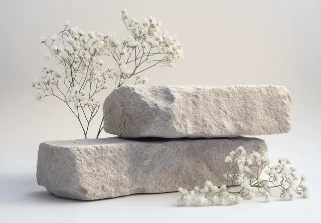 Two rough rectangular stones stacked with white baby's breath sprigs arranged around them on a neutral background.
