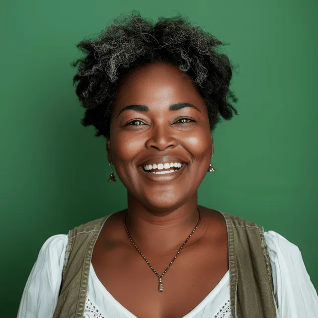 Mujer afroamericana sonriente con blusa blanca y chaleco verde salvia mirando a la cámara sobre un fondo verde liso.