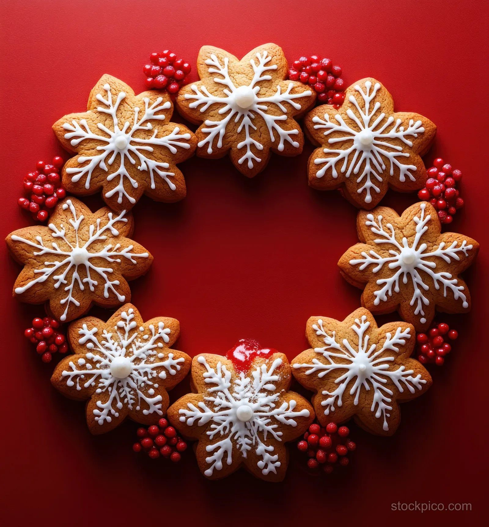 Gingerbread cookie wreath decorated with white icing snowflakes on a red background.