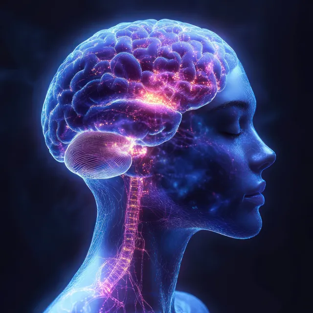 Side profile head and neck with a glowing neon brain and luminous neural connections over a dark background.