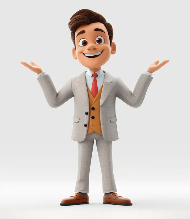 A smiling 3D African American businessman in a suit gestures with both hands on a white background.