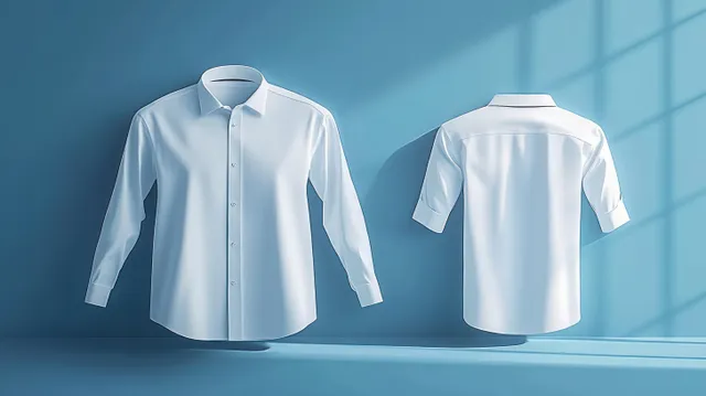 White long-sleeve collared shirt mockup with front and back views on a blue studio background.