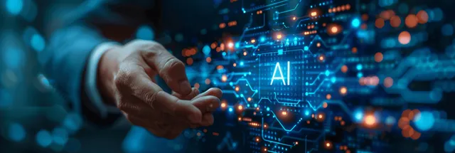 Handshake over glowing AI network nodes while a strategist plans market analysis