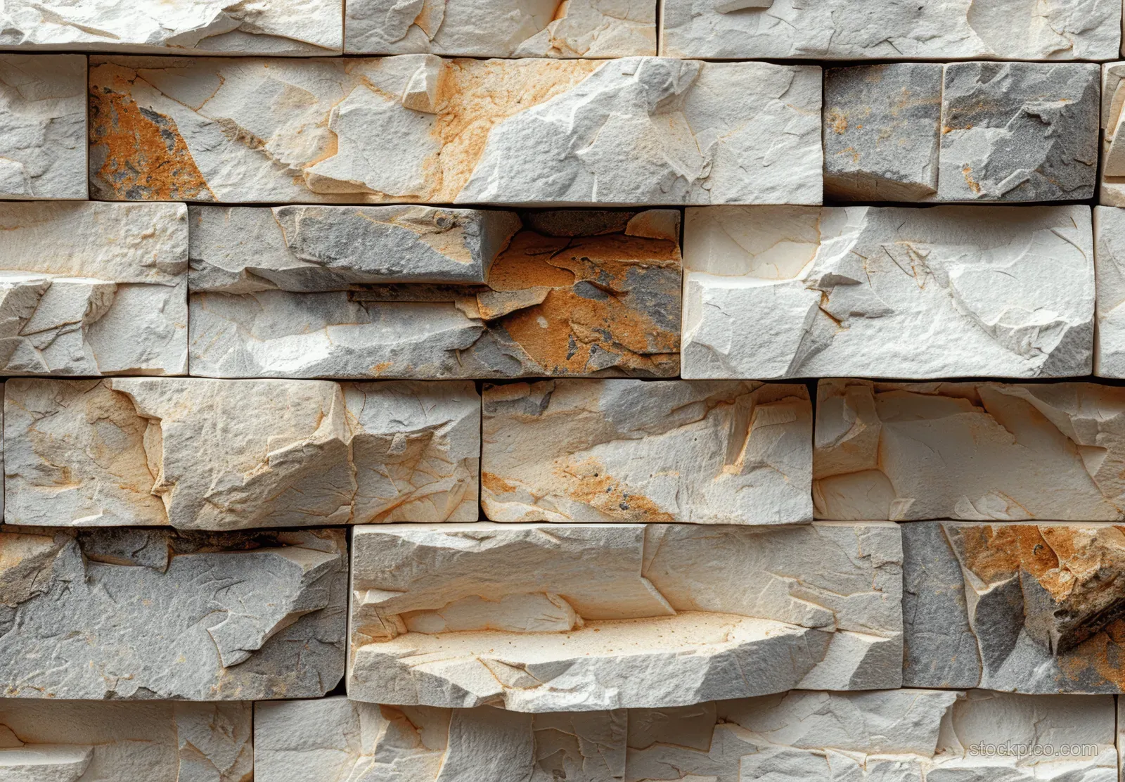 Close-up of a beige and white stone brick wall texture with uneven blocks and tan mortar lines.