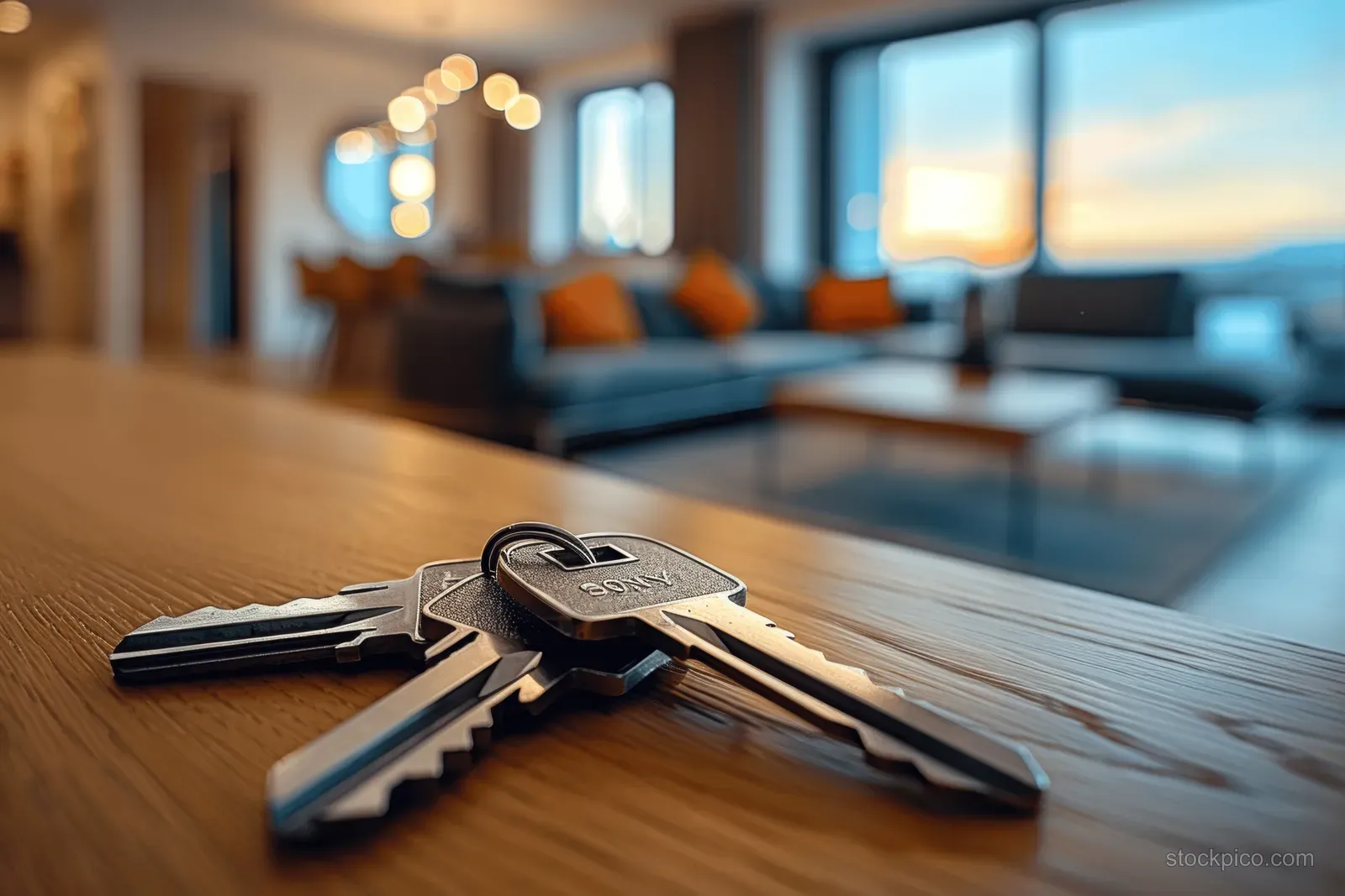 House keys lie on a wooden table with a blurred modern living room and window light in the background.
