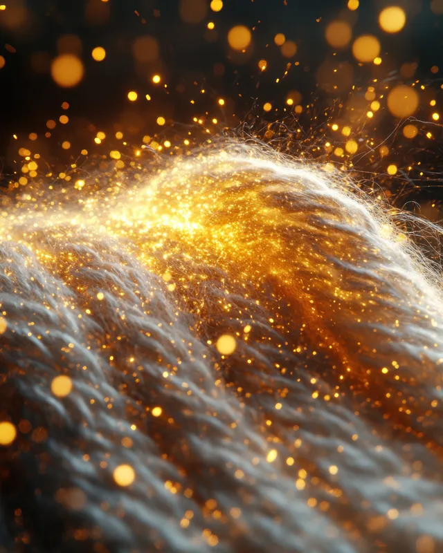 Electric sparks and water burst across interwoven white fabric threads in a close-up cleansing effect.