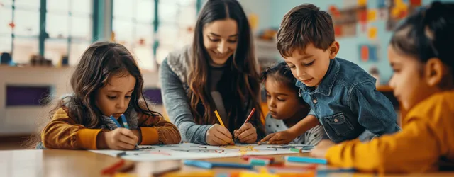 Teacher and children smiling while drawing with crayons at classroom tables