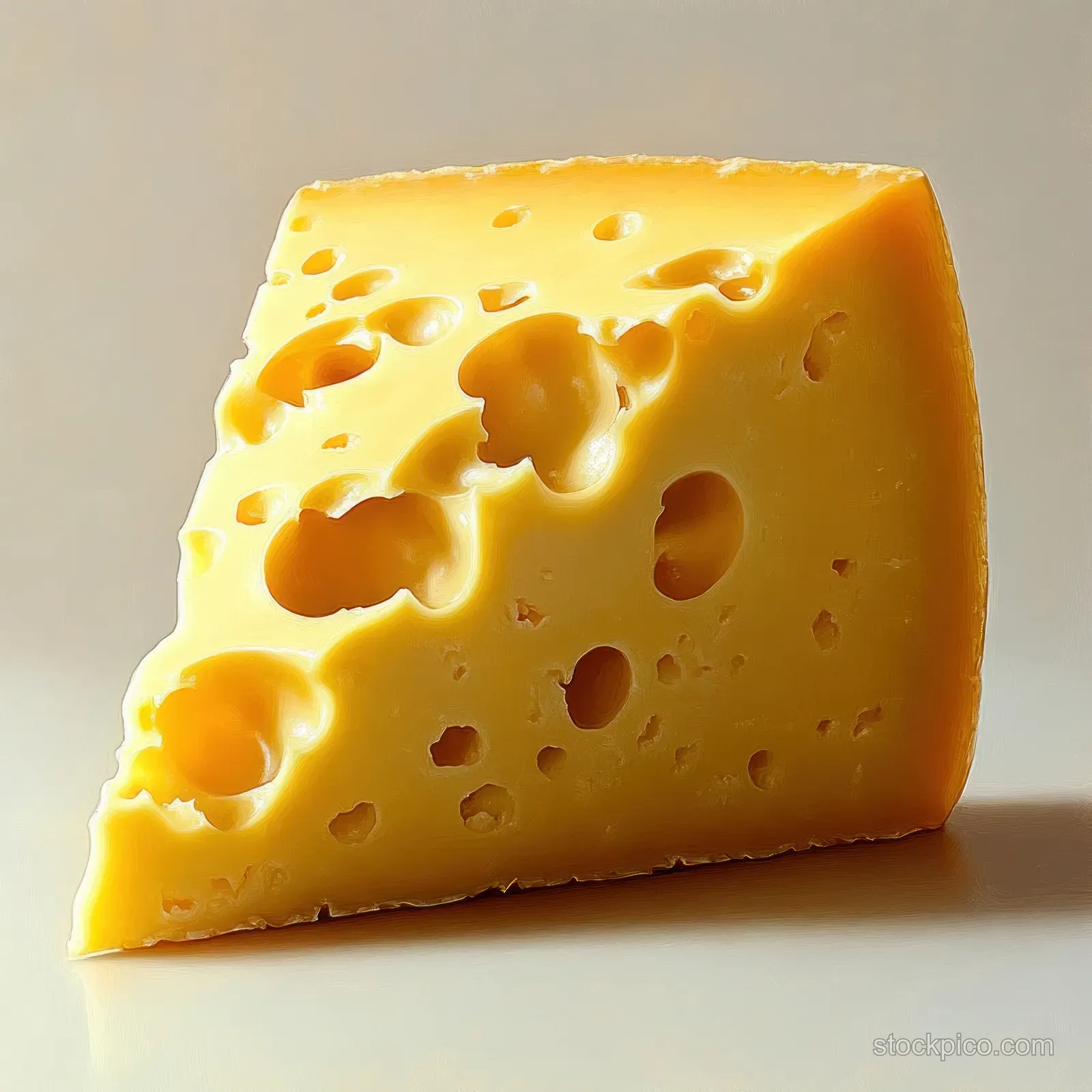 A wedge of yellow Swiss cheese with multiple holes sits on a plain background.