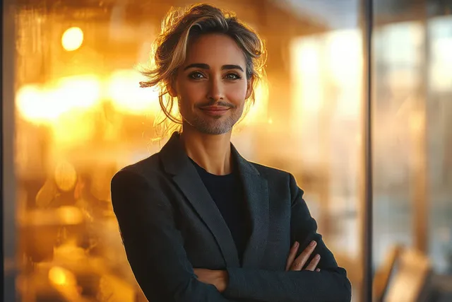 Mature businessman standing outdoors with arms crossed, elegant suit, warm street bokeh background