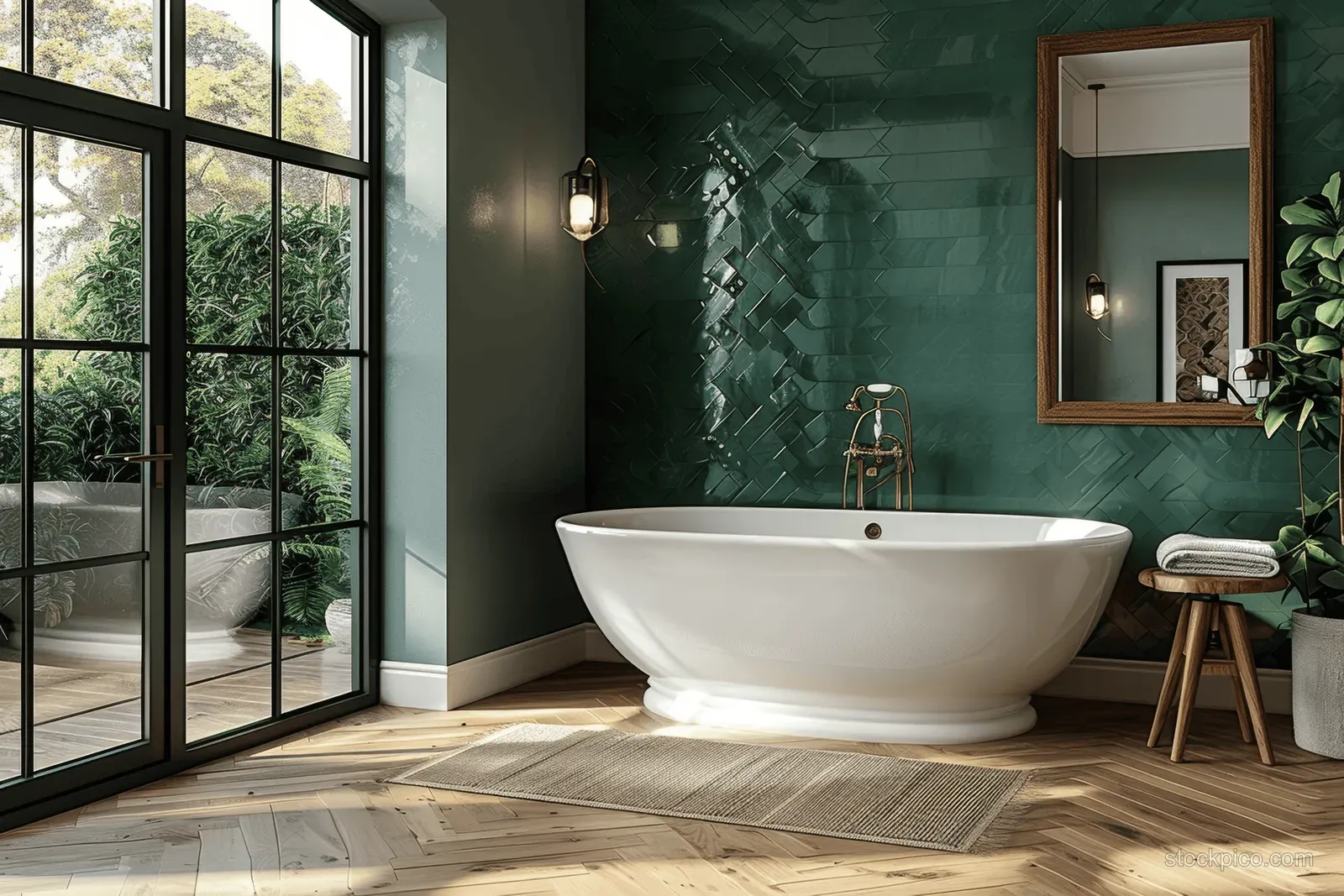 Freestanding bathtub sits in a modern bathroom with green tiled wall, large mirror, and garden-view windows.