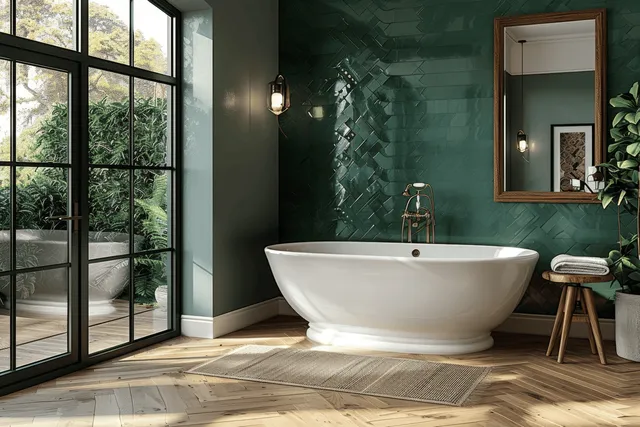 Freestanding bathtub sits in a modern bathroom with green tiled wall, large mirror, and garden-view windows.