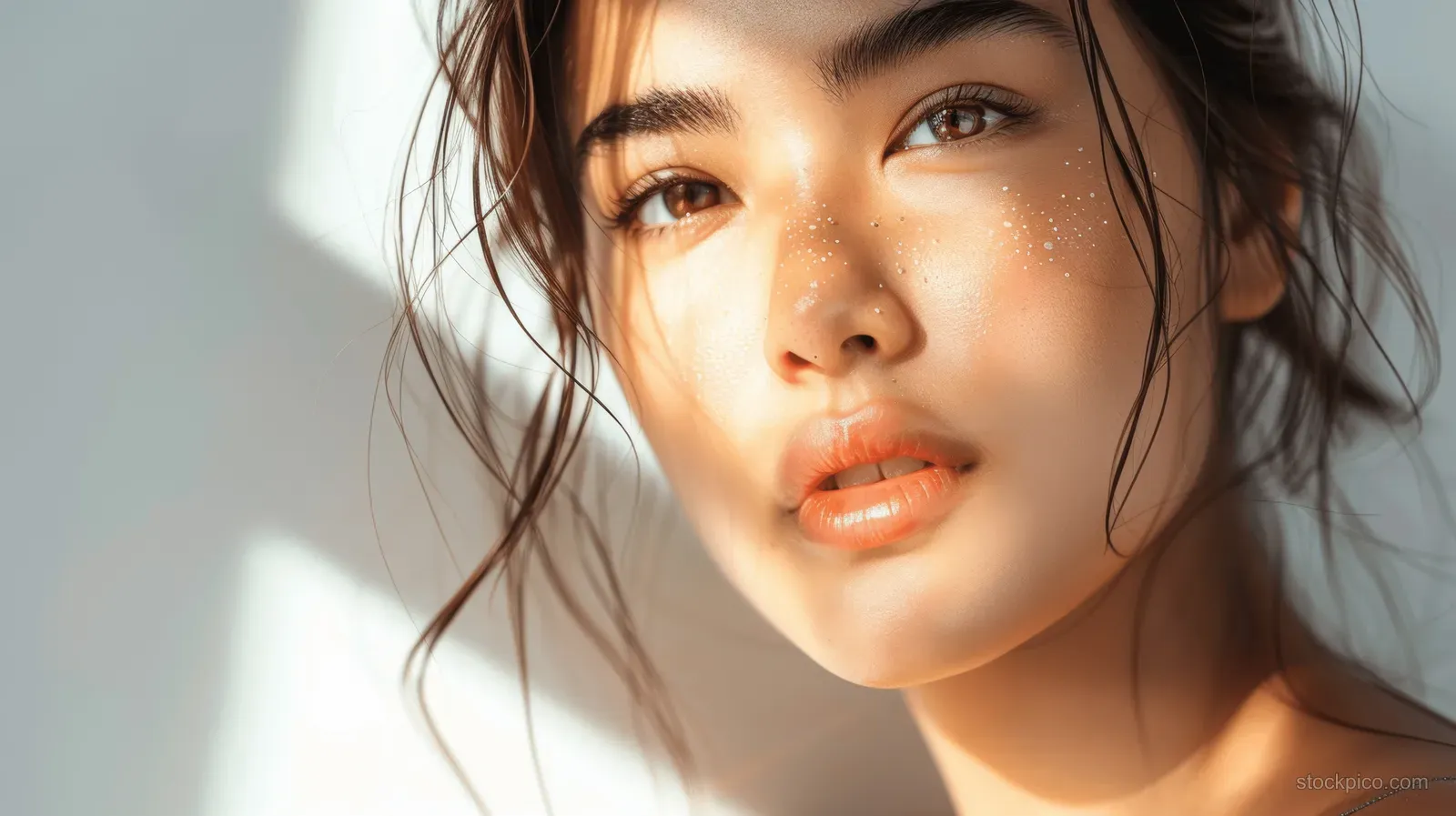 Woman’s sunlit close-up portrait with dewy skin, wind-blown hair, and a gentle radiant expression.