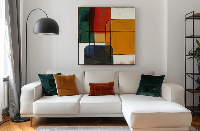 White sofa with green velvet cushions sits under an abstract wall painting, with a black floor lamp and wooden shelves nearby.