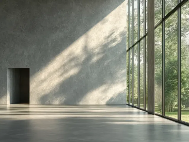 Empty minimalist loft interior with concrete walls, large windows, and sunlight shadows on the polished floor.