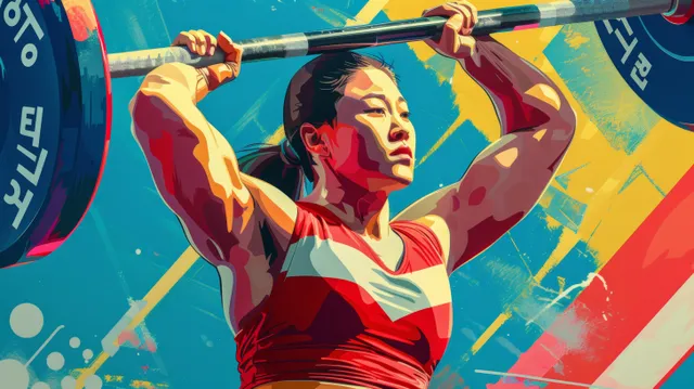 A weightlifter in a red outfit raises a barbell overhead against a colorful competition backdrop.