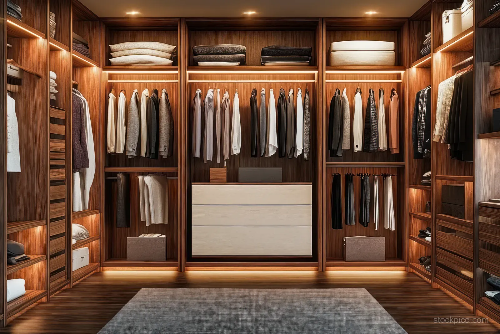 Wooden walk-in closet with hanging clothes, folded shirts on shelves, drawers, and warm ceiling lighting.