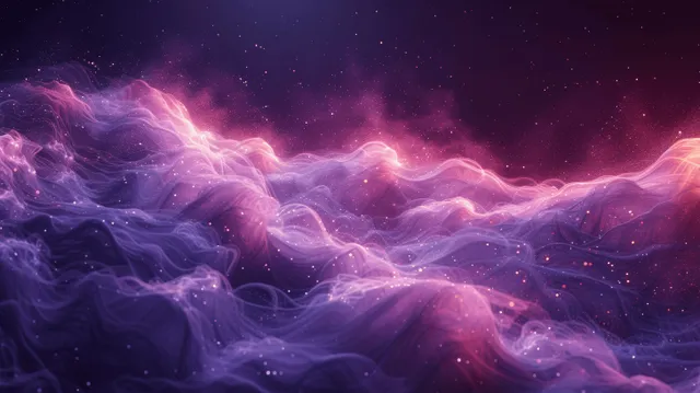 Violet nebula smoke waves swirl with glowing stars across a dark space background.