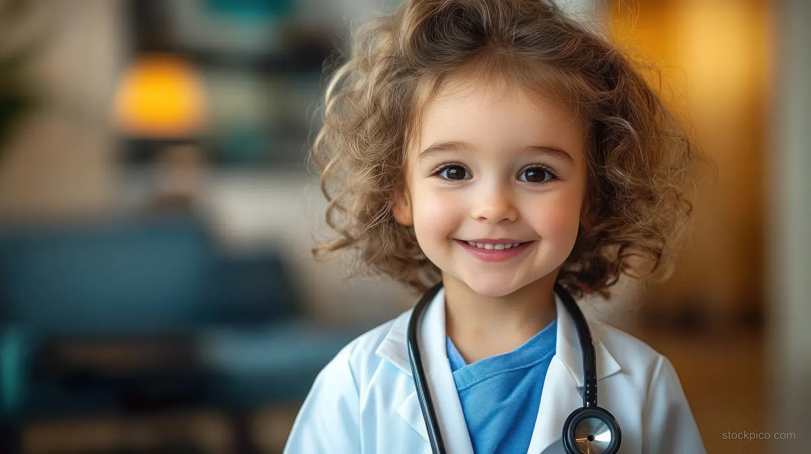 A smiling child wearing a doctor costume and stethoscope in a warmly lit indoor setting.