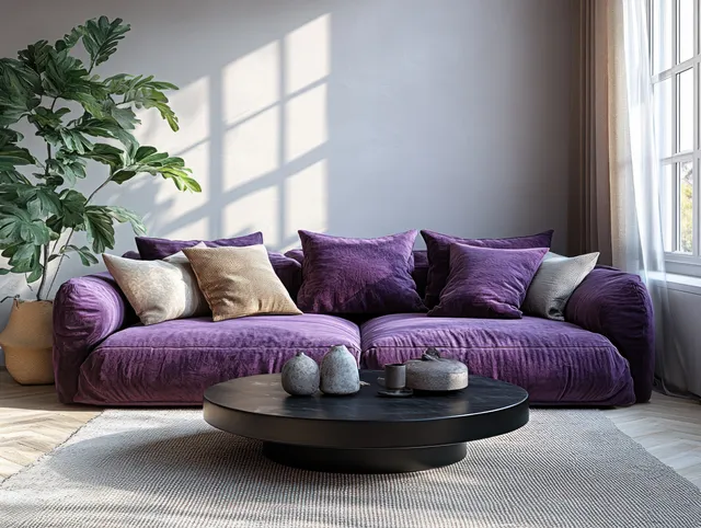 Purple sofa with pillows in a bright living room, sheer curtains, and a black round coffee table in view.