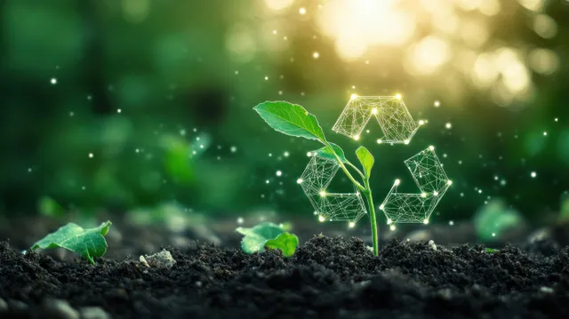 A young green plant grows in soil beside a glowing recycling symbol.