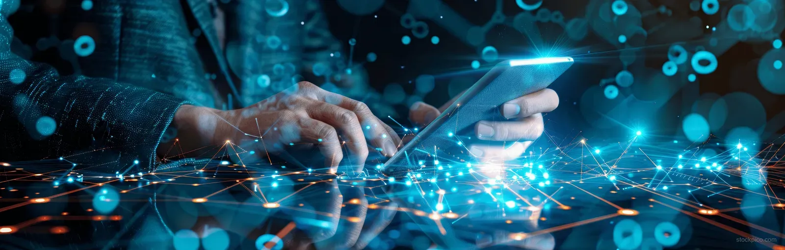 Hands using a tablet with glowing blue network connections and data nodes.