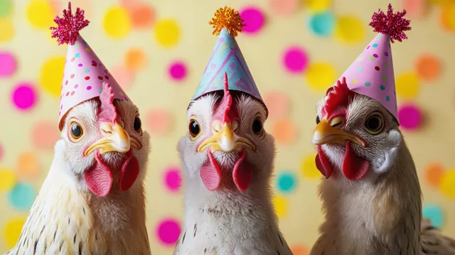 Three white chickens in colorful party hats pose playfully against a vibrant polka dot backdrop.
