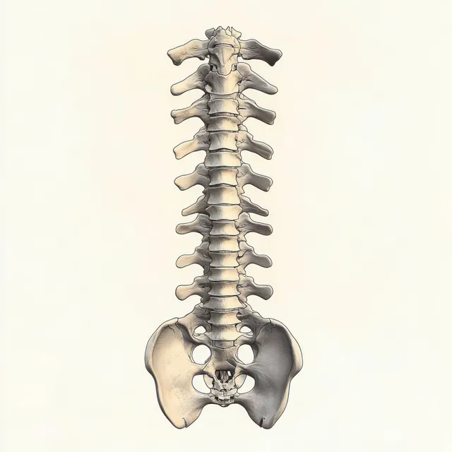 Centered illustration of the human spine with visible vertebrae and soft chiaroscuro shading on a gradient background.