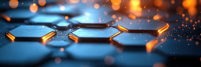 Glowing hexagon shapes and floating particles over a blue digital science background.