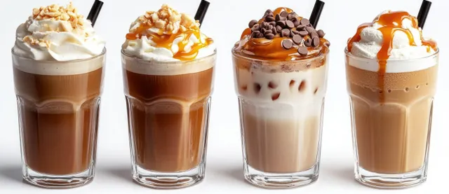 Four tall iced coffee drinks in clear glasses topped with whipped cream, caramel drizzle, nuts, and chocolate chips, each with a black straw.