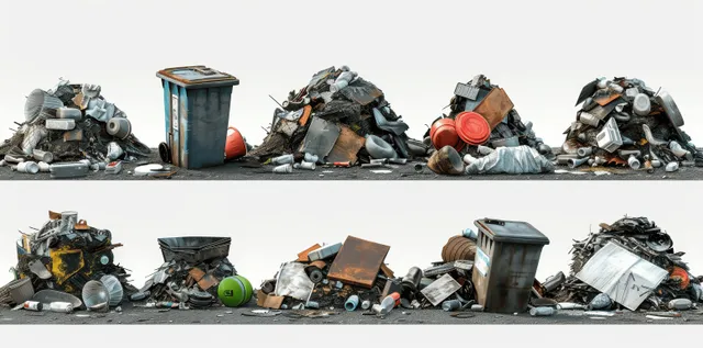 Mixed trash heaps with overturned bins, cans, and plastic debris arranged in rows on a white background.