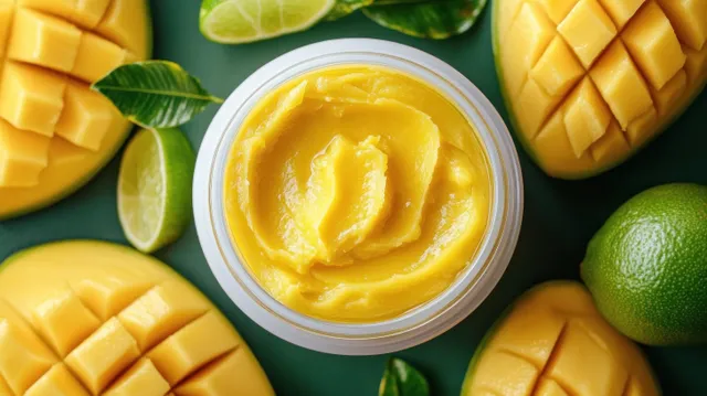 Top view of a jar of mango puree with mango cubes and lime slices on a green background.