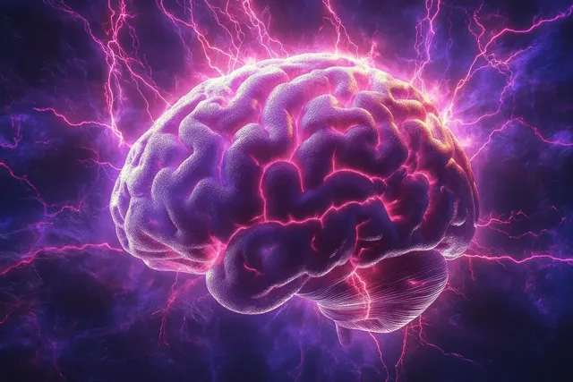 Glowing brain surrounded by vivid purple and pink lightning bolts illuminating neural pathways