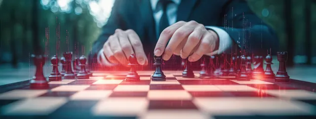 Hands move a chess piece on a board while glowing digital finance data overlays stretch across the scene.