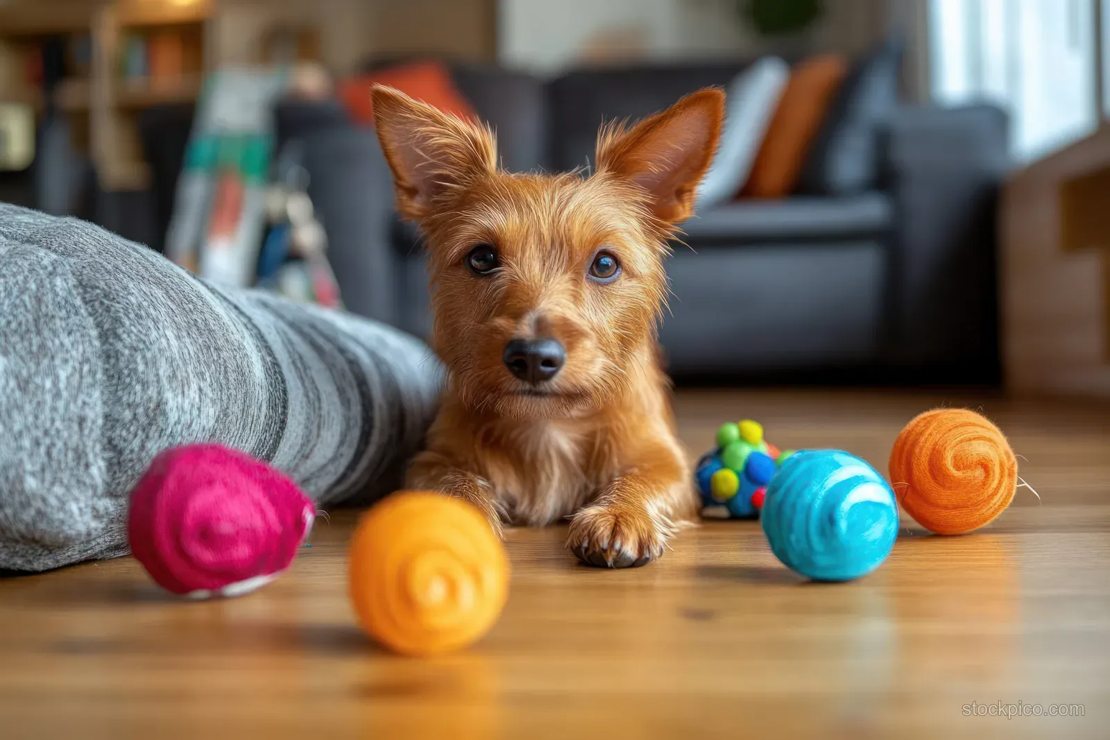 Small brown puppy lying on a wooden floor surrounded by colorful yarn balls and toys in a cozy living room.
