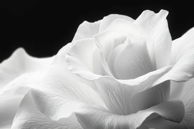 Close-up of a white rose with unfolding petals, showing delicate texture against a black background.