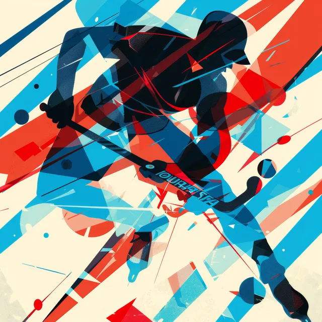 Abstract field hockey player silhouettes with Argentina red, white, and blue shapes and dynamic motion lines.