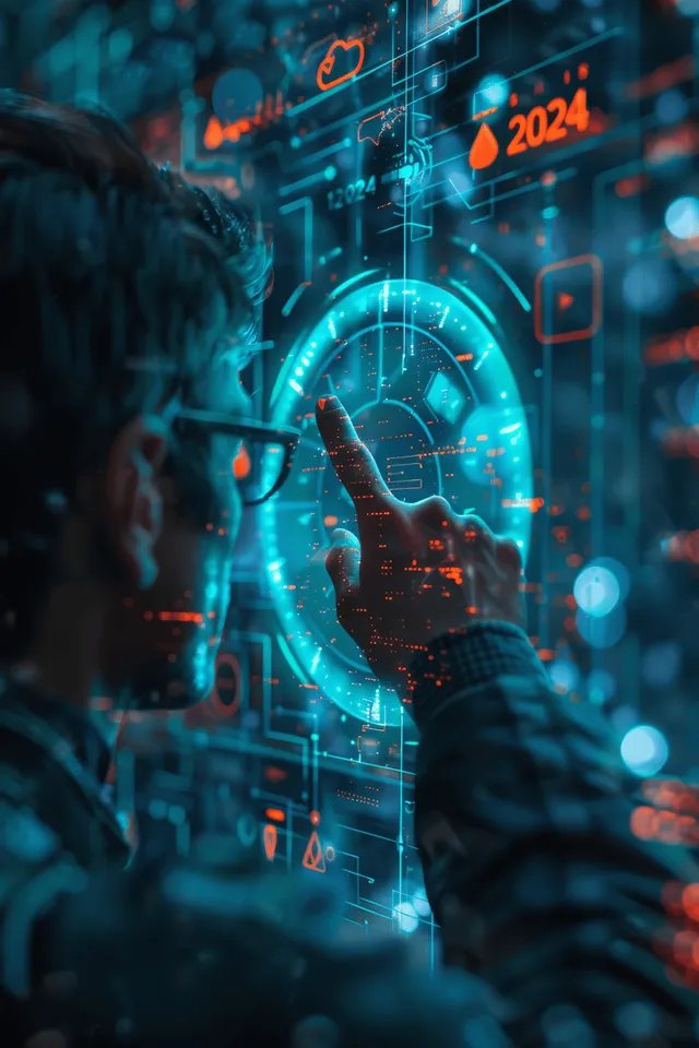 Business analyst in suit overlays 2024 finance graphs and glowing data lock