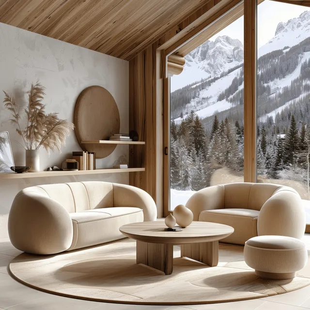 Beige sofa and armchairs sit in a Scandinavian living room facing a panoramic snowy mountain view through windows.