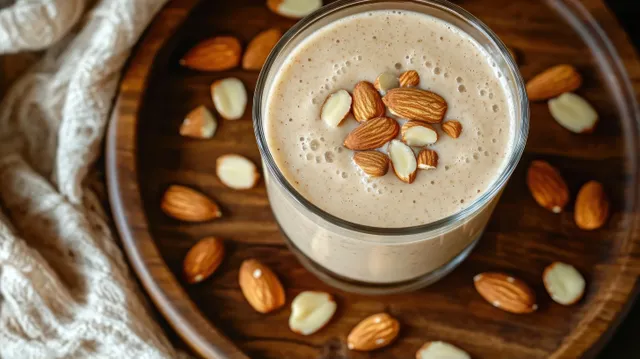 Creamy almond smoothie in a clear glass surrounded by whole and sliced almonds on a wooden tray.