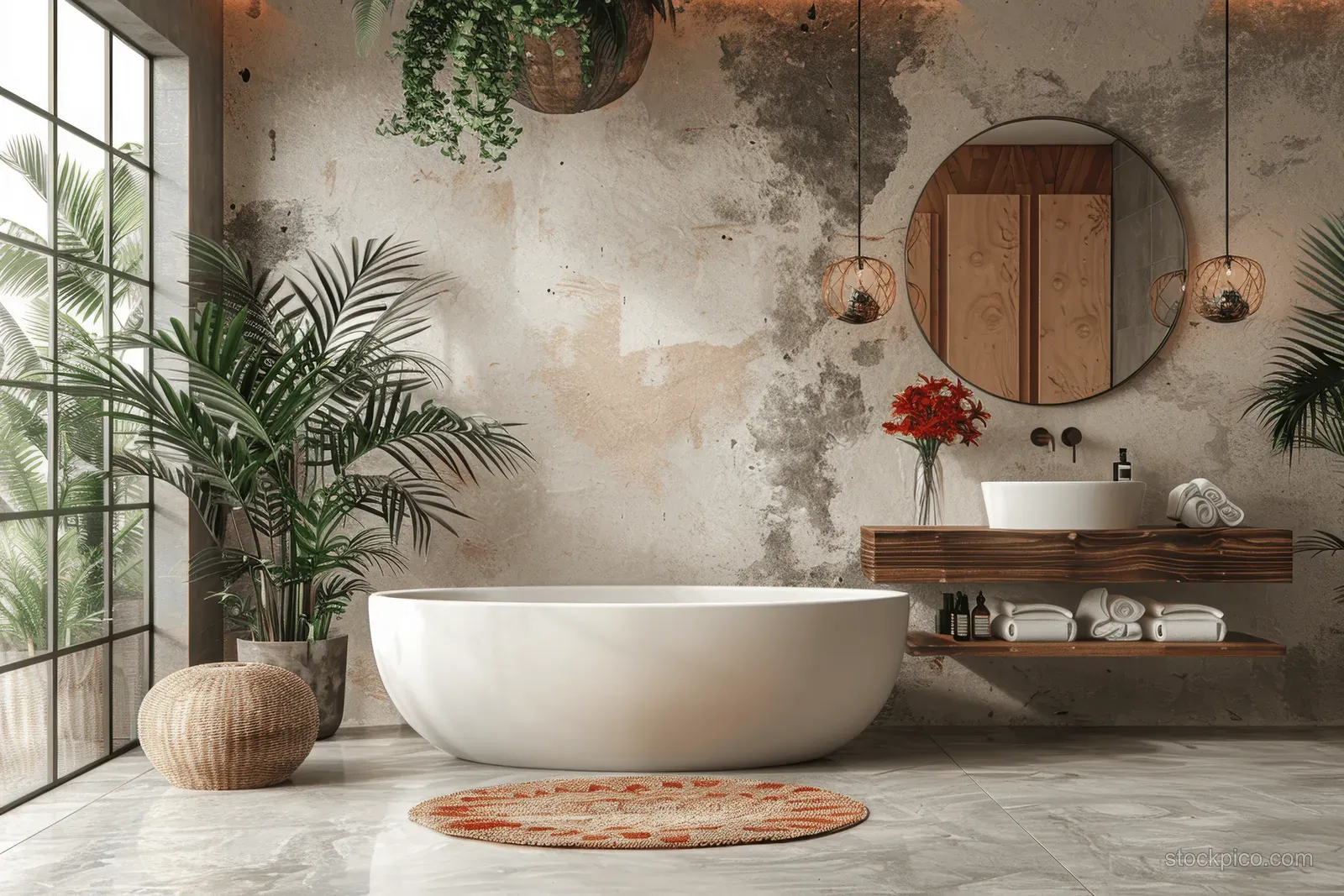 A freestanding oval bathtub in a rustic modern bathroom with green plants, textured walls, and warm pendant lights.