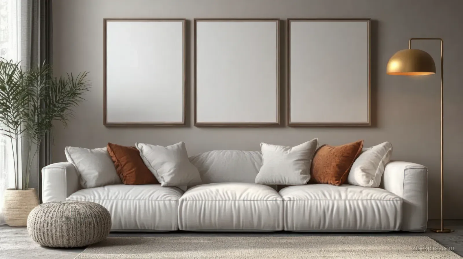 White Scandinavian sofa with neutral cushions sits beneath blank framed prints and a warm golden lamp in a bright living room.