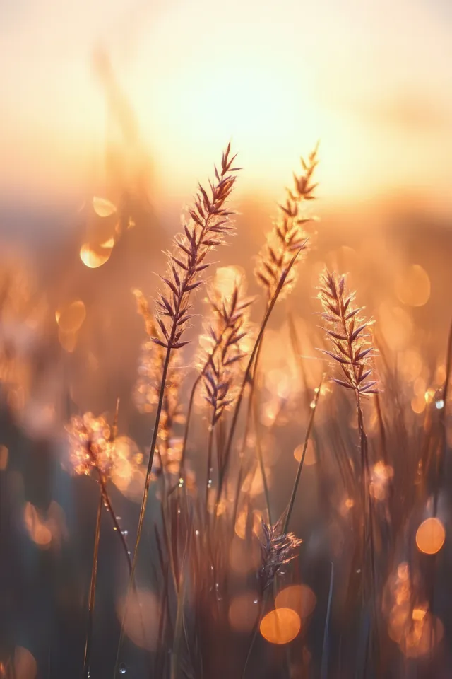 Dewy grass blades in a sunrise field with warm glowing bokeh lights in the background.