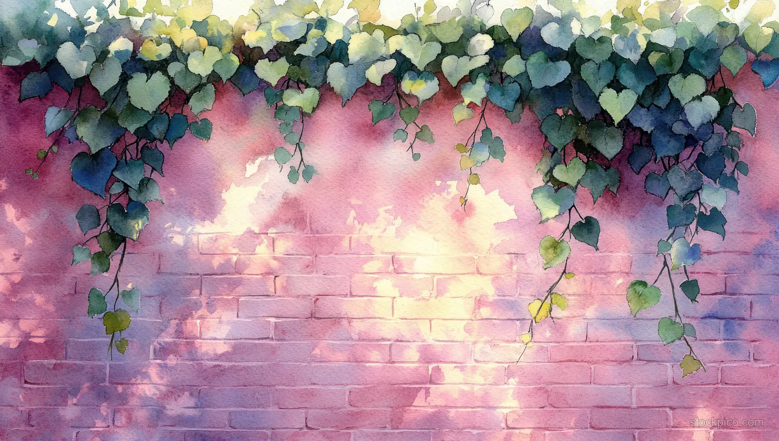 Green watercolor leaves cascade over a textured pink brick wall in soft spring light.