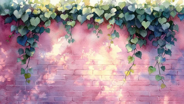 Watercolor green leaves drape over a textured pink brick wall, spring botanical decor
