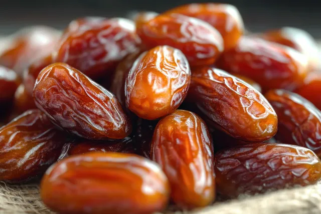 A close-up pile of glossy dried dates with wrinkled reddish-brown skins on a tabletop.